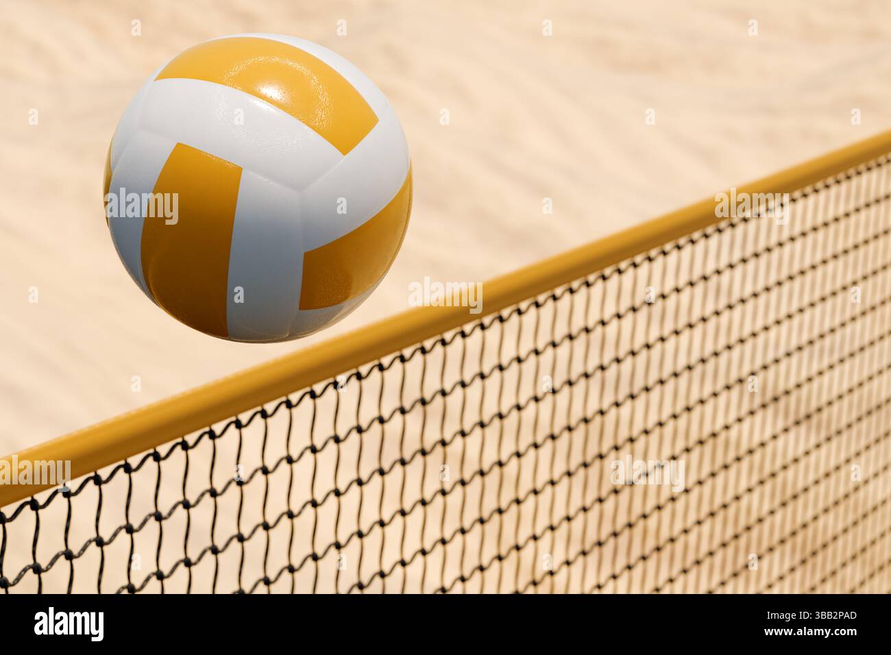 Ballon de volley-ball traversant le filet sur un terrain, axé sur l'activité sportive. rendu 3d. Banque D'Images