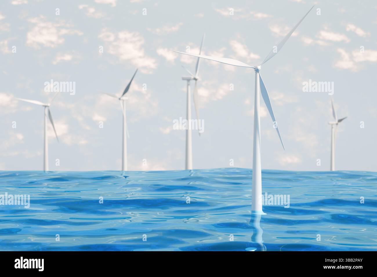 Éoliennes offshore générant de l'énergie renouvelable dans l'océan, mettant en évidence le développement durable et les efforts d'énergie propre. rendu 3d. Banque D'Images