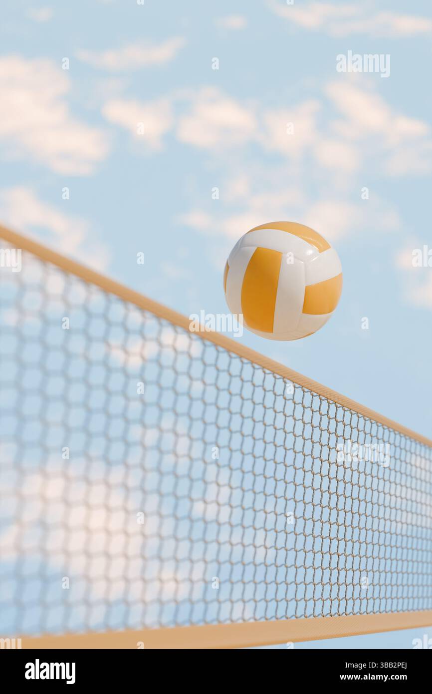 Volley-ball survolant le filet à l'extérieur pendant les vacances d'été ou une activité sportive de plein air. rendu 3d. Banque D'Images