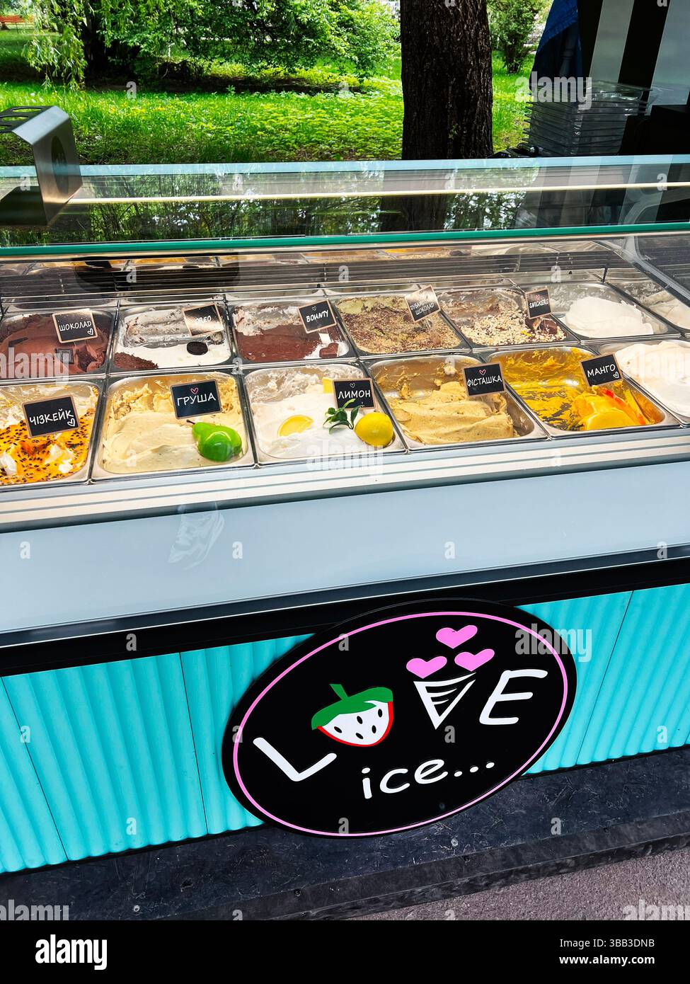 Tern ?pil, Ukraine - 14 mai 2025 : une vitrine de différentes crèmes glacées aux saveurs variées sur un stand lumineux Banque D'Images