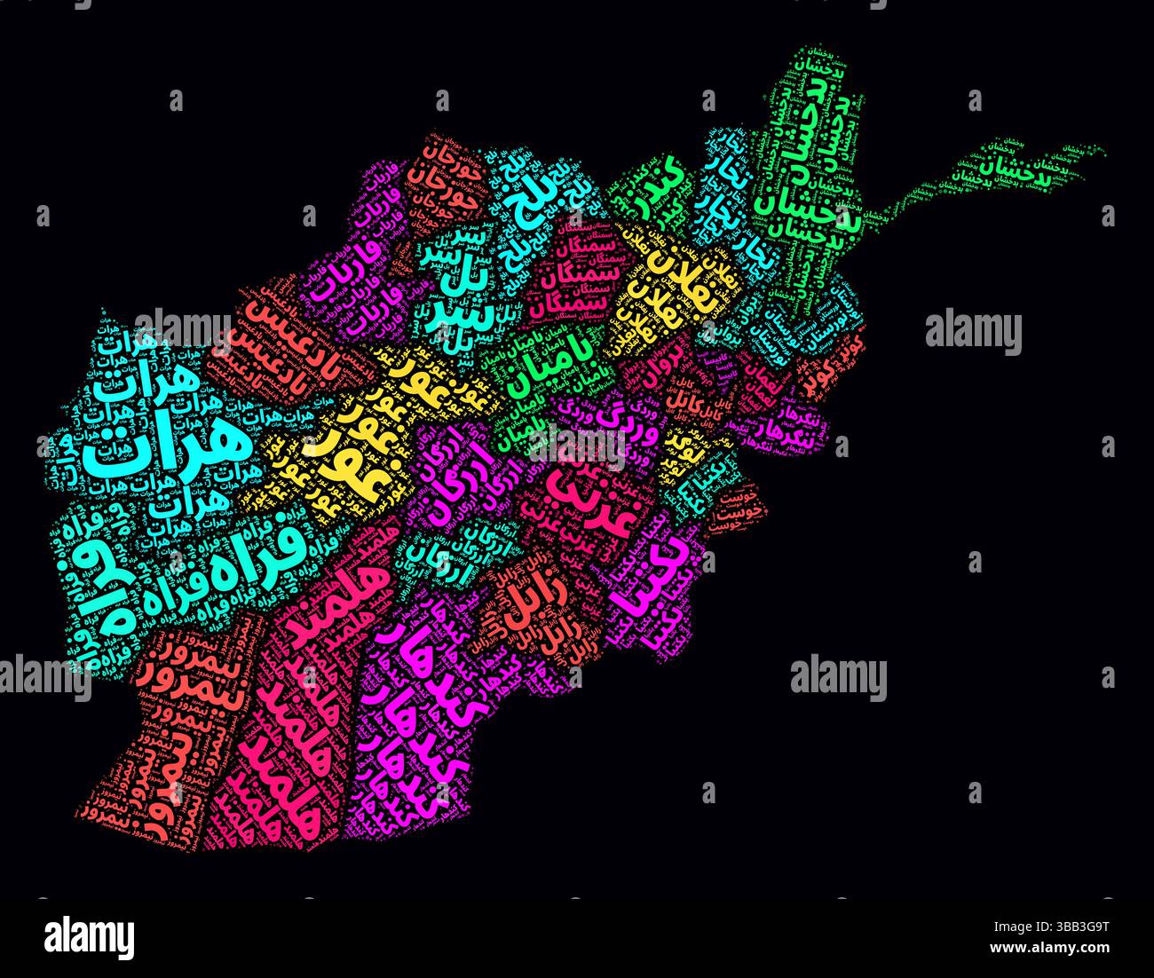 Nuages de mots des régions d'Afghanistan. Design de style néon lumineux sur un fond sombre. Noms de région du pays en pachto. Illustration de Vecteur