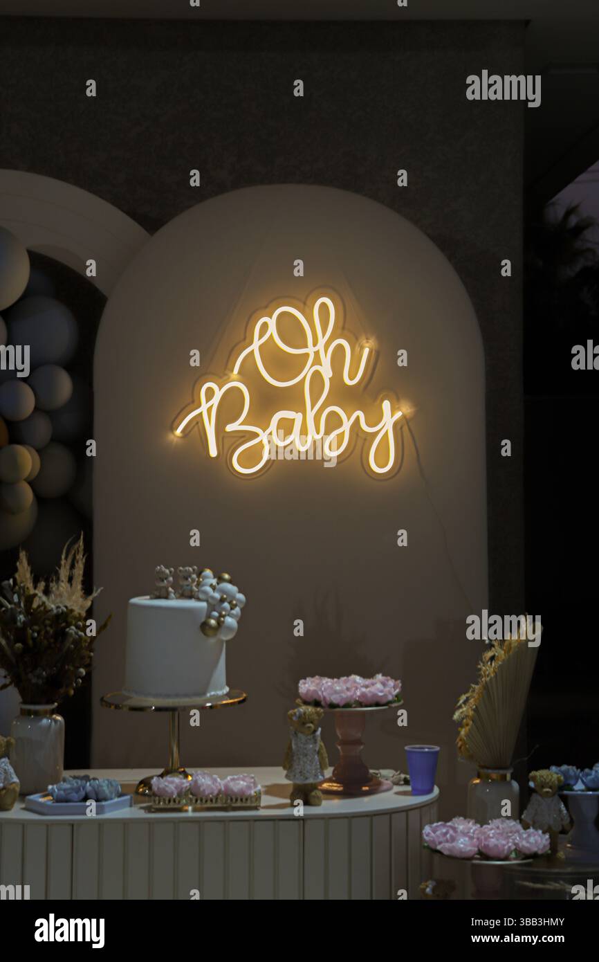 Le genre révèle des décorations de fête avec des ballons, des signes, des ours, des vases et du faux gâteau Banque D'Images