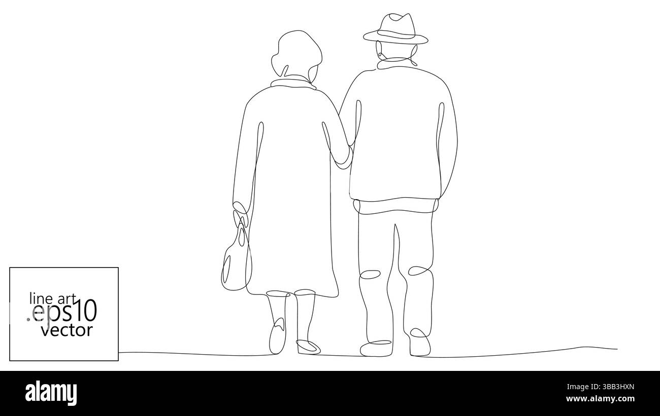 Couple marche main dans la main ligne équipée Dessin continu des conjoints âgés marchant ensemble des œuvres d'art minimalistes. La famille de retraite des aînés aime le lien Illustration de Vecteur