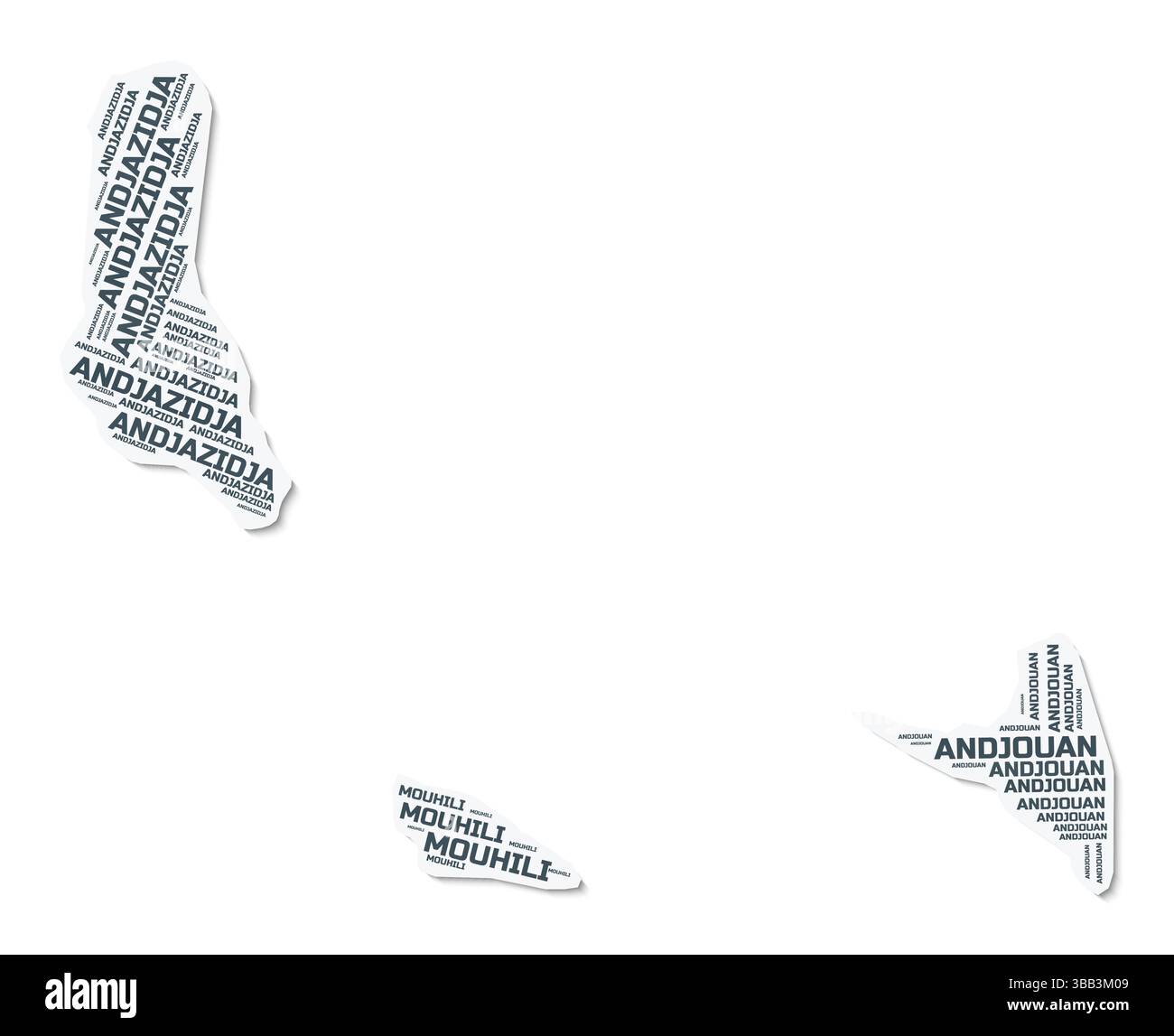 Nuage de texte de forme Comores. Frontière de pays avec ombre sur fond blanc. Comores avec division des régions dans le style vintage gazette. Illustration de Vecteur