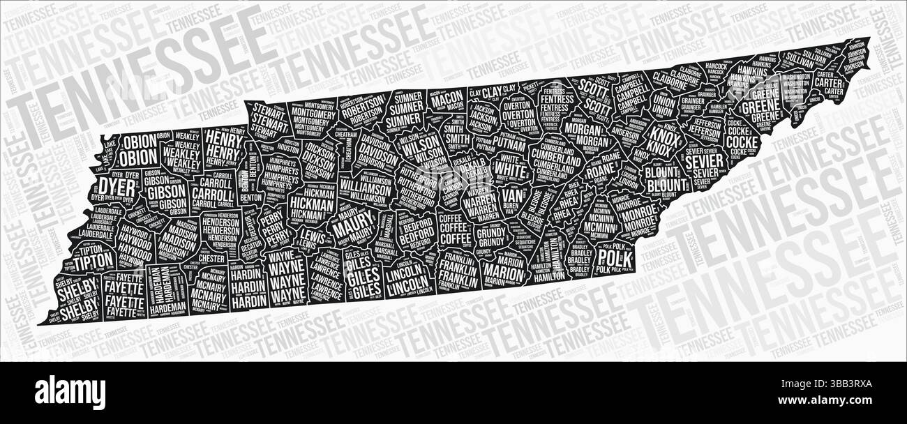 Nuage de mots de la carte des comtés du Tennessee. Noms des régions du Tennessee. Conception de carte en noir et blanc. Illustration vectorielle moderne. Illustration de Vecteur