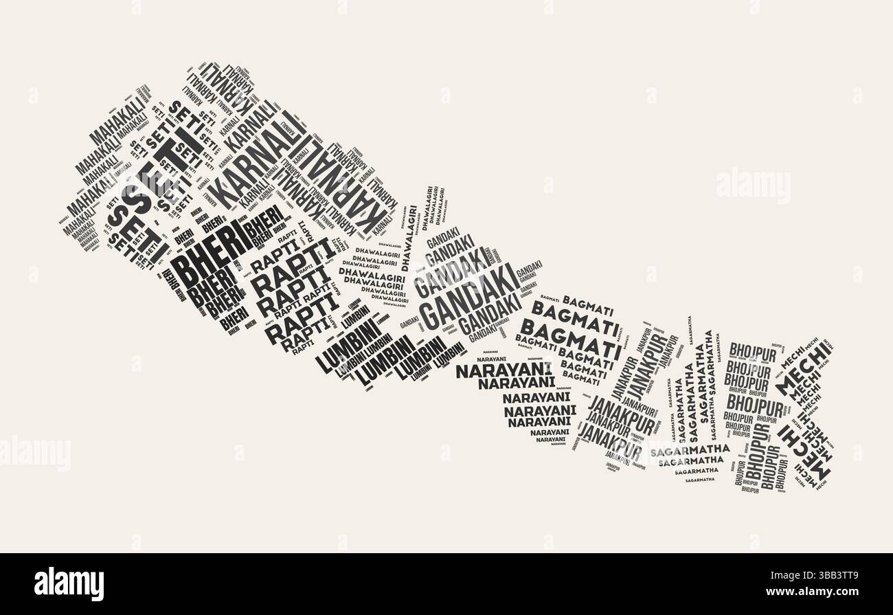 Nuage de mots Népal. Pays avec division de régions. Népal texte typographique nuages de conception d'image vectorielle. Image de forme de pays de style gazette vintage. Illustration de Vecteur