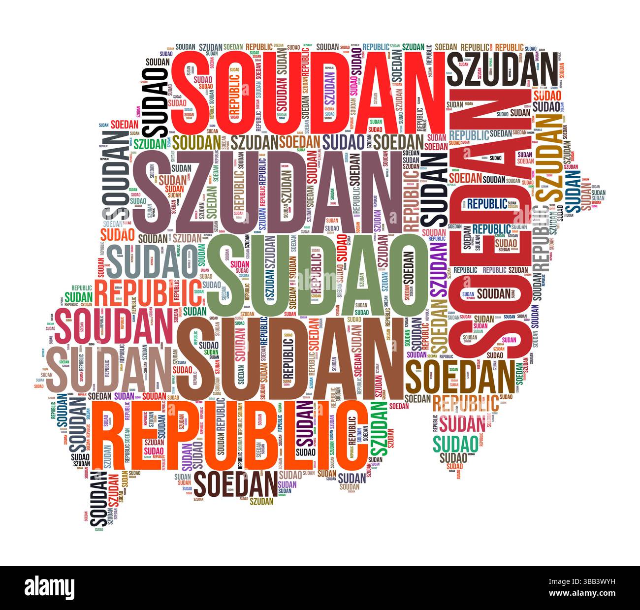 Nuage de mots en forme de pays Soudan. Illustration de pays de style typographique. Image Soudan dans le style nuage de texte. Illustration vectorielle. Illustration de Vecteur