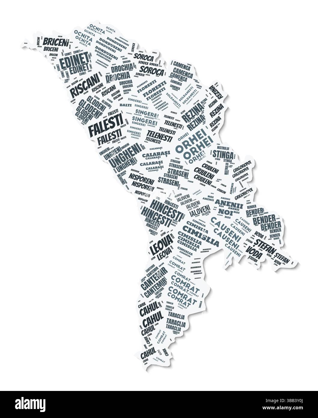 Nuage de texte de forme Moldavie. Frontière de pays avec ombre sur fond blanc. Moldavie avec division des régions dans le style vintage gazette. Illustration de Vecteur