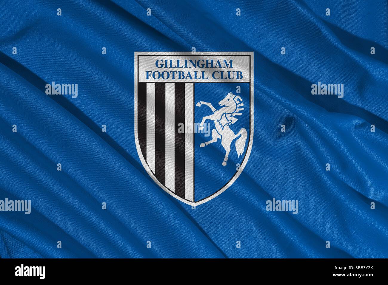 Pringsewu, lampung 25 mai 2025 ; texture du drapeau de la vague du logo du club de football de Gillingham en ligue 2 efl, illustration 3D. Banque D'Images