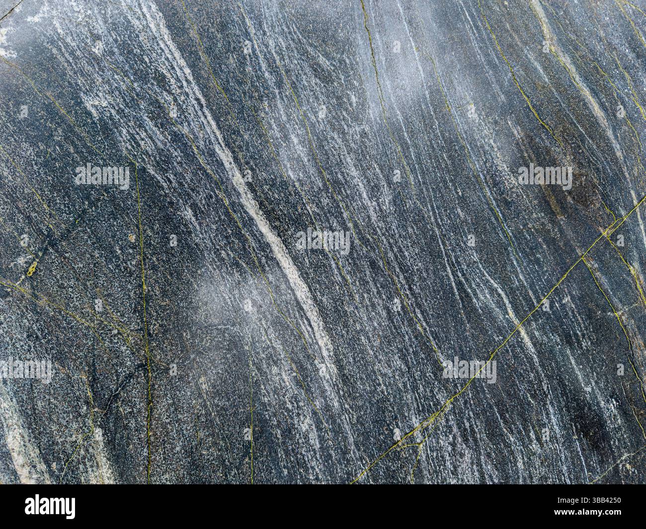 Gros plan d'une surface rocheuse sombre avec des rayures blanches et jaunes. Banque D'Images