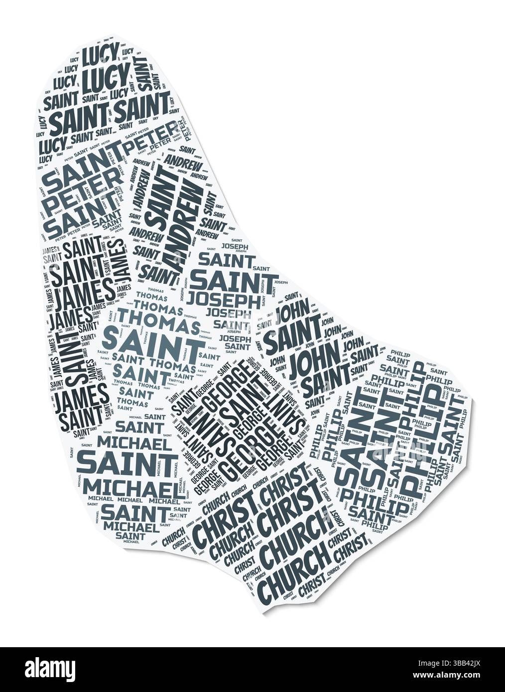 Nuage de texte de forme Barbade. Frontière de pays avec ombre sur fond blanc. Barbade avec division des régions dans le style vintage gazette. Illustration de Vecteur