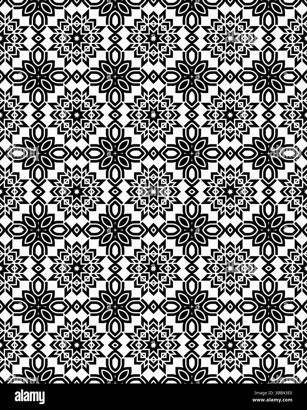 Les formes florales détaillées créent un motif noir et blanc saisissant avec des motifs symétriques tout au long de la mise en page. Banque D'Images
