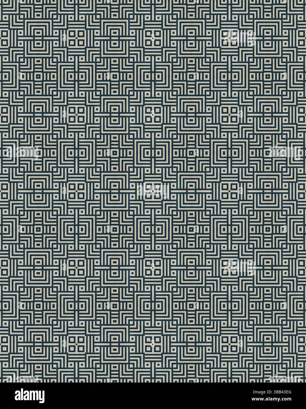Cette œuvre présente un motif répétitif complexe de carrés imbriqués, mettant l'accent sur la symétrie et la précision dans un schéma de couleurs muet. Banque D'Images