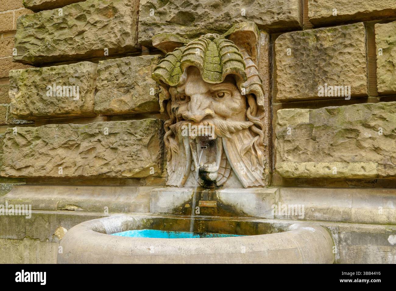 Mannheim, Allemagne - 8 mai 2025 : tête de gargouille crachant de l'eau à Water Tour appelé 'Wasserturm' Banque D'Images