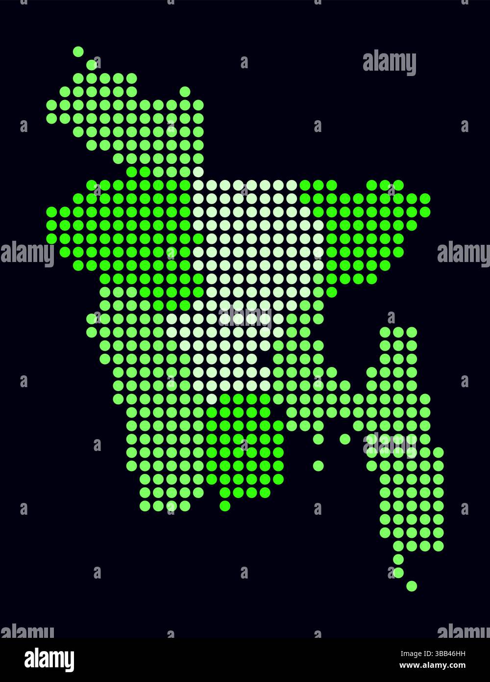 Carte en pointillés du Bangladesh. Carte de style numérique du pays sur fond sombre. Forme du Bangladesh avec des points circulaires. Style de points colorés. Cercles de grande taille. Illustration de Vecteur