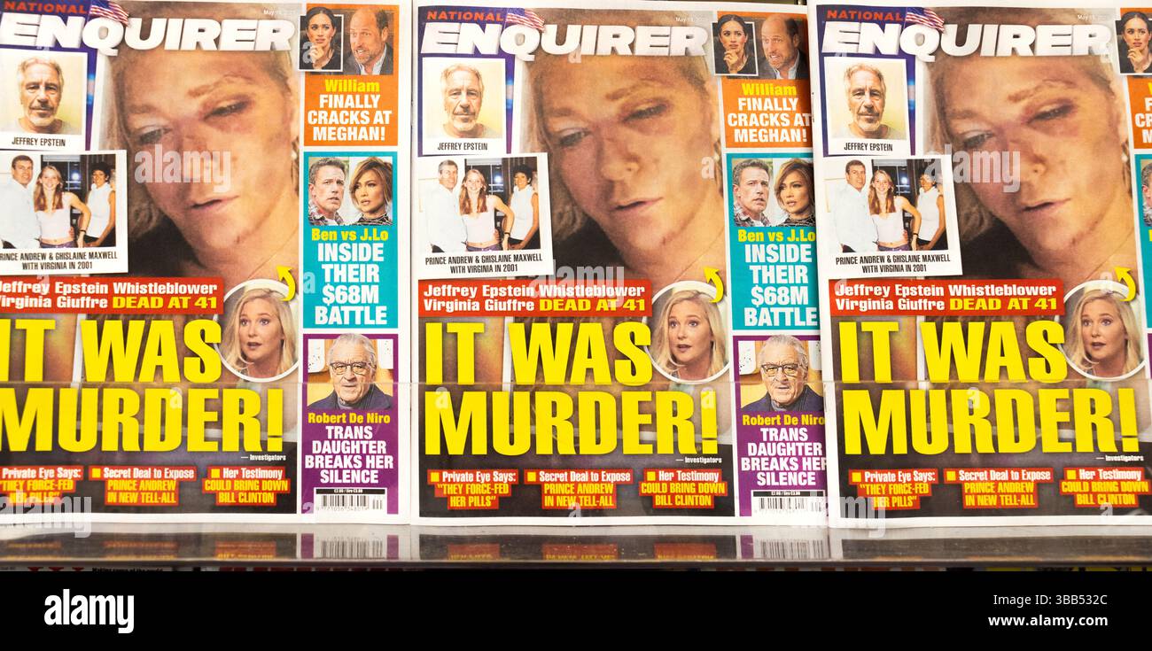 Jeffrey Epstein, Virginia Giuffre titres de nouvelles sur la couverture du journal National Enquirer. Connu pour ses associations avec Ghislaine Maxwell et Prince Andrew. Banque D'Images