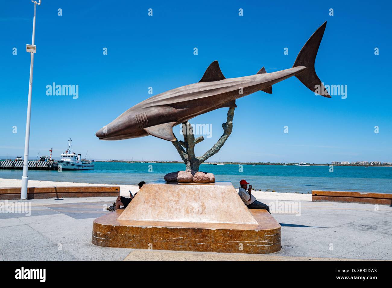 La sculpture de requin baleine le long du Malecón est une œuvre d'art en bronze qui rend hommage aux requins géants doux du golfe de Californie. Banque D'Images