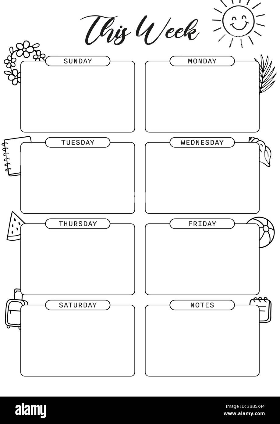 Cette semaine modèle de page de planificateur imprimable journal d'été, illustration vectorielle, formats A4 et A5, style Doodle dessiné à la main. Pages du planificateur journal à puces Illustration de Vecteur