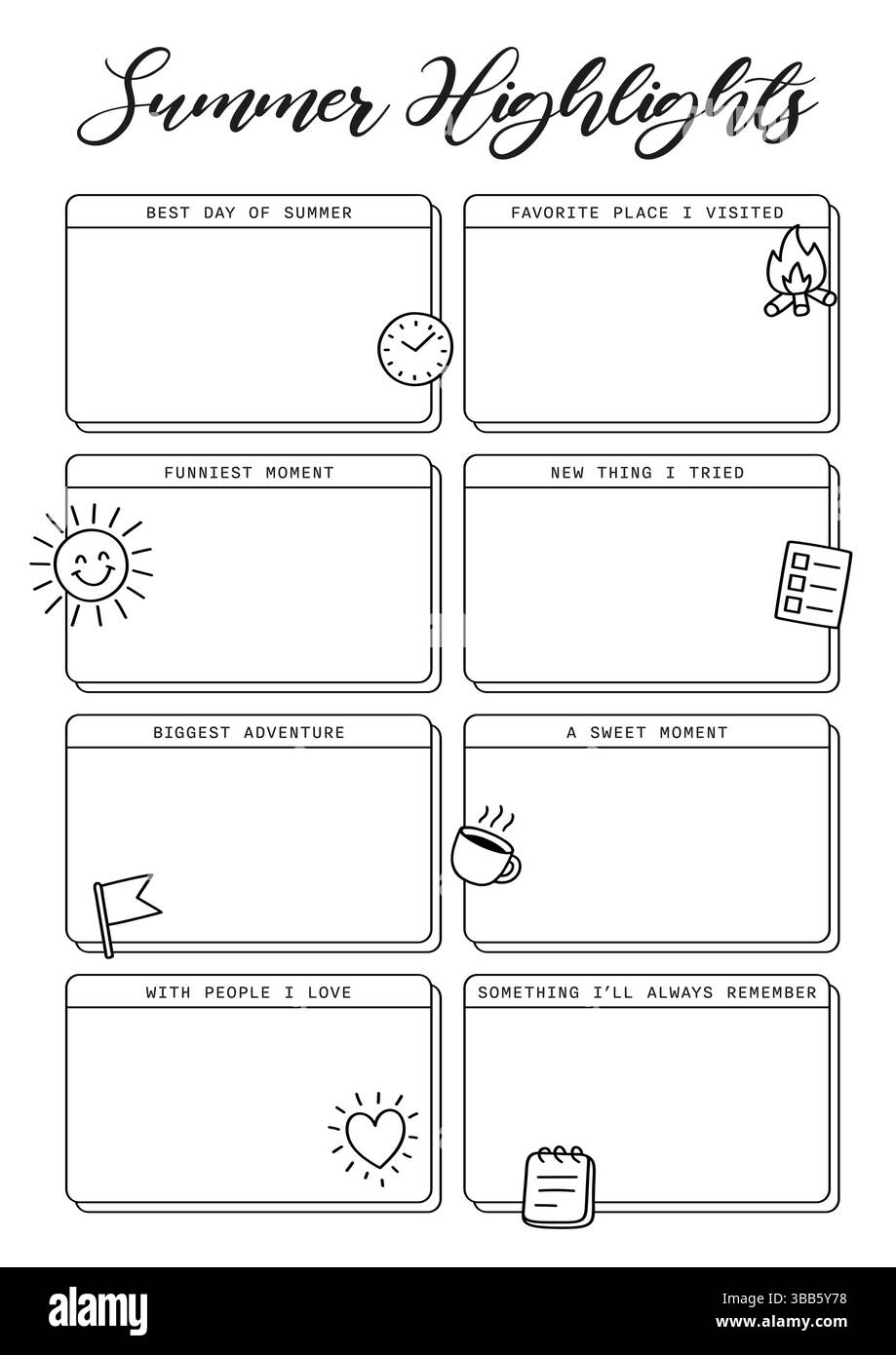 Modèle de page de planificateur imprimable Journal des faits saillants de l'été, illustration vectorielle, formats A4 et A5, style Doodle dessiné à la main. Pages du planificateur journal à puces Illustration de Vecteur