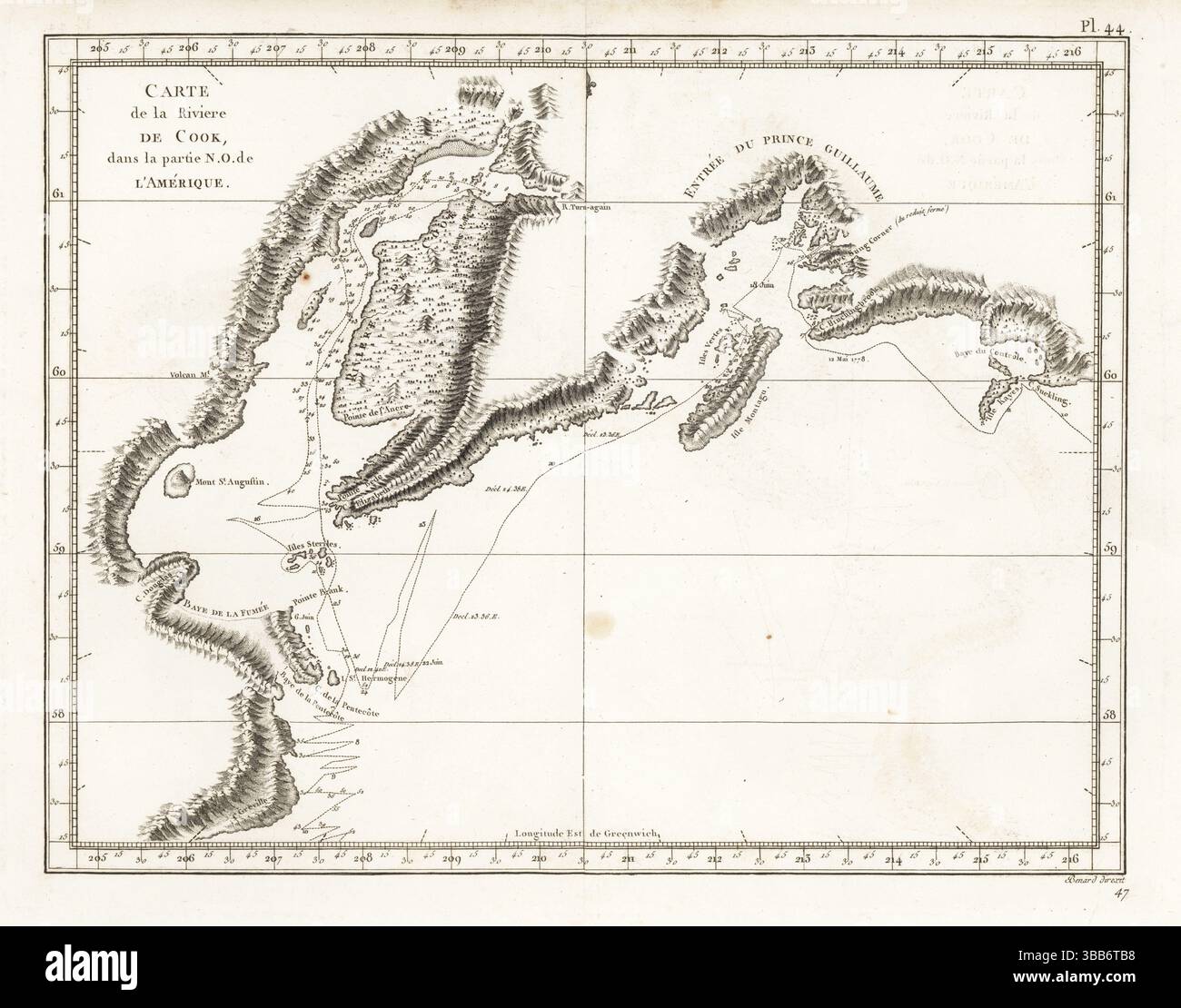 Carte de Cook Inlet et Prince William Sound, Alaska. Anchor point, Montague Island, Hinchinbrook Island, Green Island, Augustine Island, etc Carte de la rivière de Cook dans la partie N.O. de l'Amerique, Entree du Prince Guillaume. Gravure sur cuivre réalisée par Robert Benard d'après une illustration de John Webber tirée de la traduction française du troisième voyage du capitaine James Cook, Troisieme voyage de Capitaine Cook, Hôtel de Thou, Paris, 1785. Banque D'Images