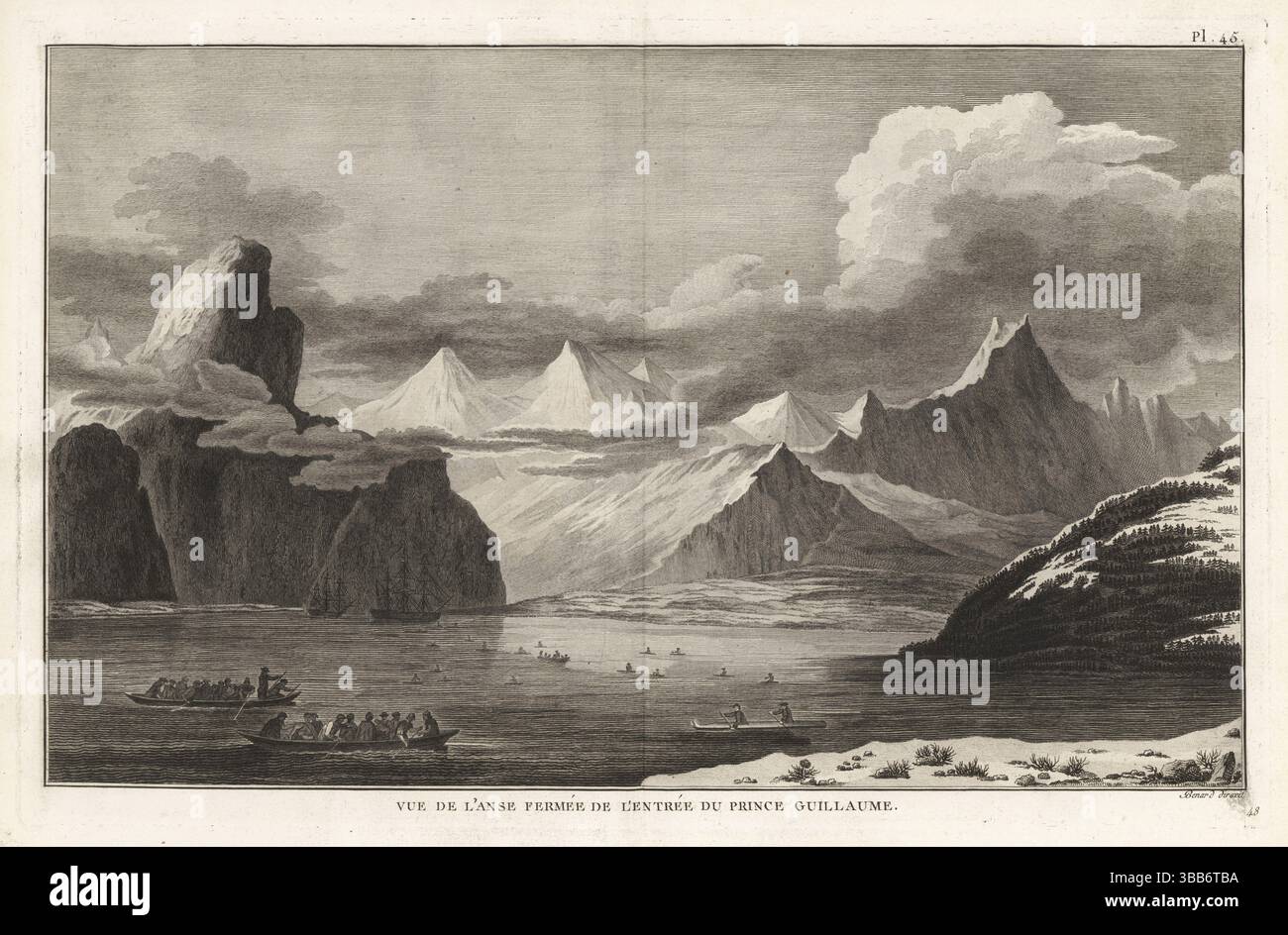 Vue de Snug Corner Cove dans Prince William's Sound, Alaska. Deux voiliers anglais sont entourés de Sugpiaq en canoës. Vue de l'anse fermee de l'entree du Prince Guillaume. Gravure sur cuivre réalisée par Robert Benard d'après une illustration de John Webber tirée de la traduction française du troisième voyage du capitaine James Cook, Troisieme voyage de Capitaine Cook, Hôtel de Thou, Paris, 1785. Banque D'Images