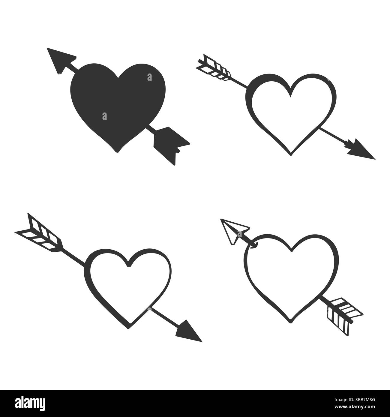 Vecteur de coeur et de flèche, silhouette de coeur et de flèche, vecteur de flèche de coeur, silhouette de flèche de coeur, ensemble de flèche de coeur d'amour. Illustration de Vecteur