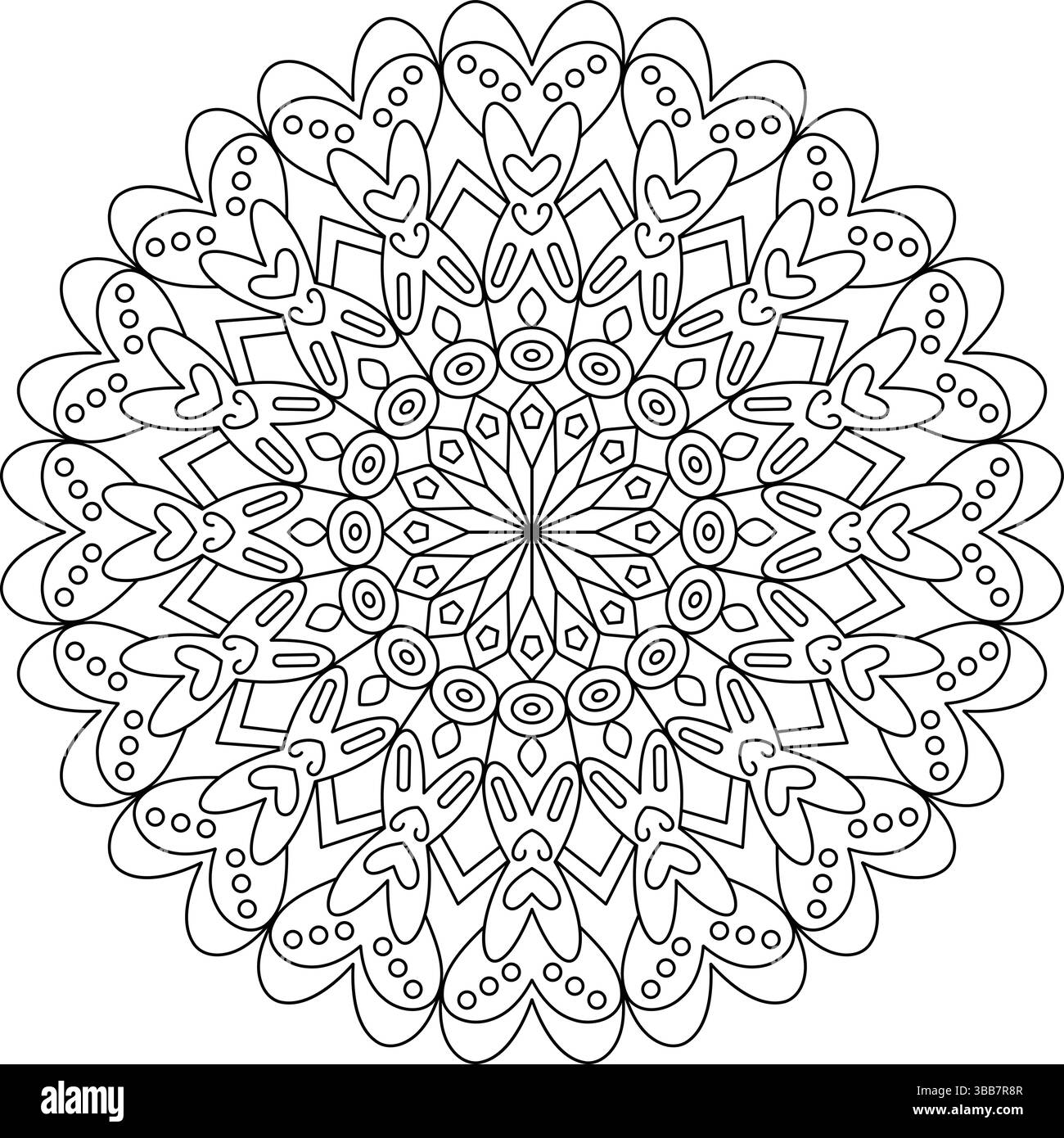 Mandala noir et blanc sur le thème des coeurs avec des formes géométriques et stylisées complexes de coeur. Parfait pour la coloration ou les applications décoratives romantiques. Illustration de Vecteur