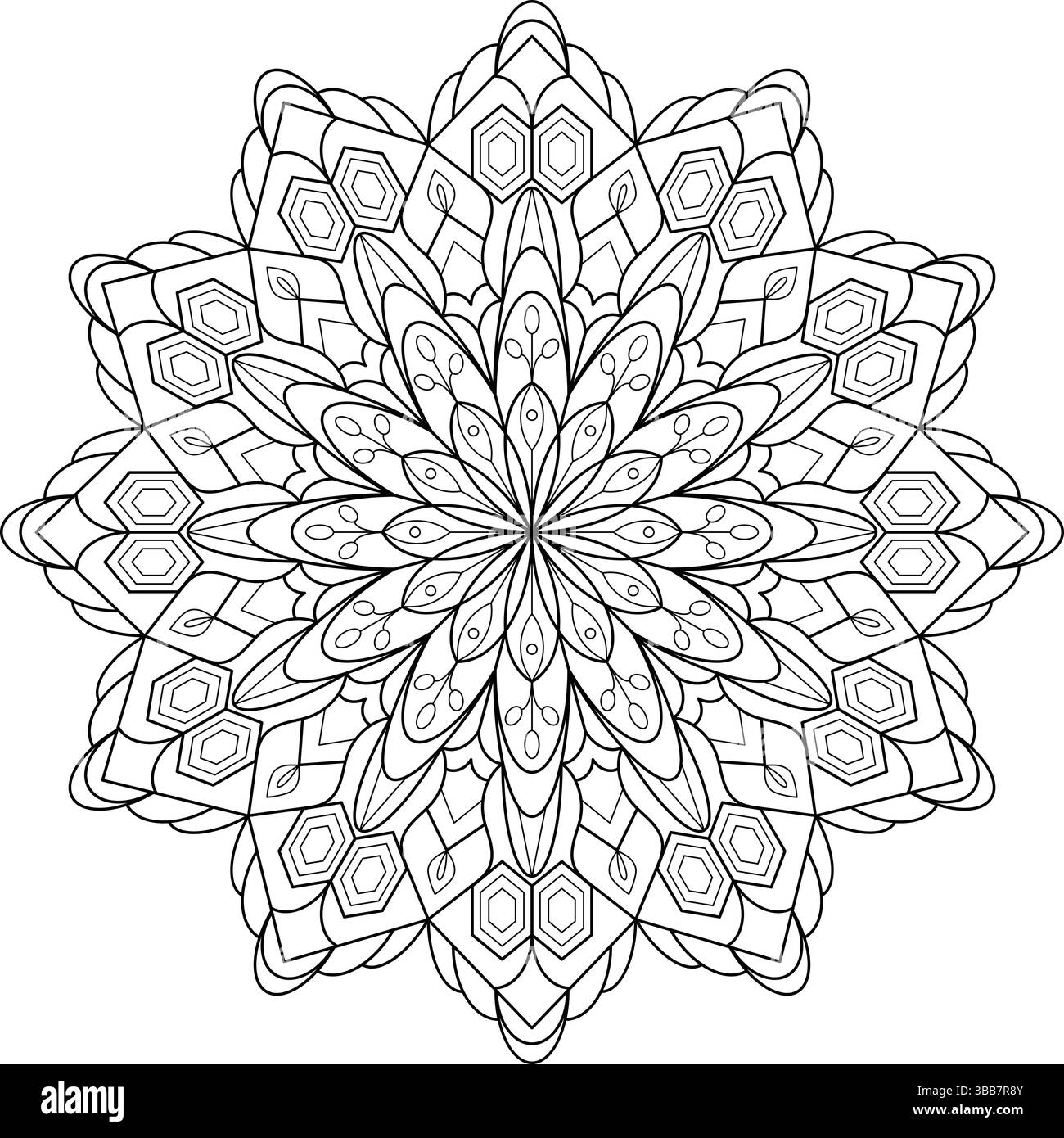 Mandala noir et blanc complexe avec des formes de fleurs géométriques et stylisées dans une symétrie radiale. Idéal pour les applications de coloration ou de décoration Illustration de Vecteur