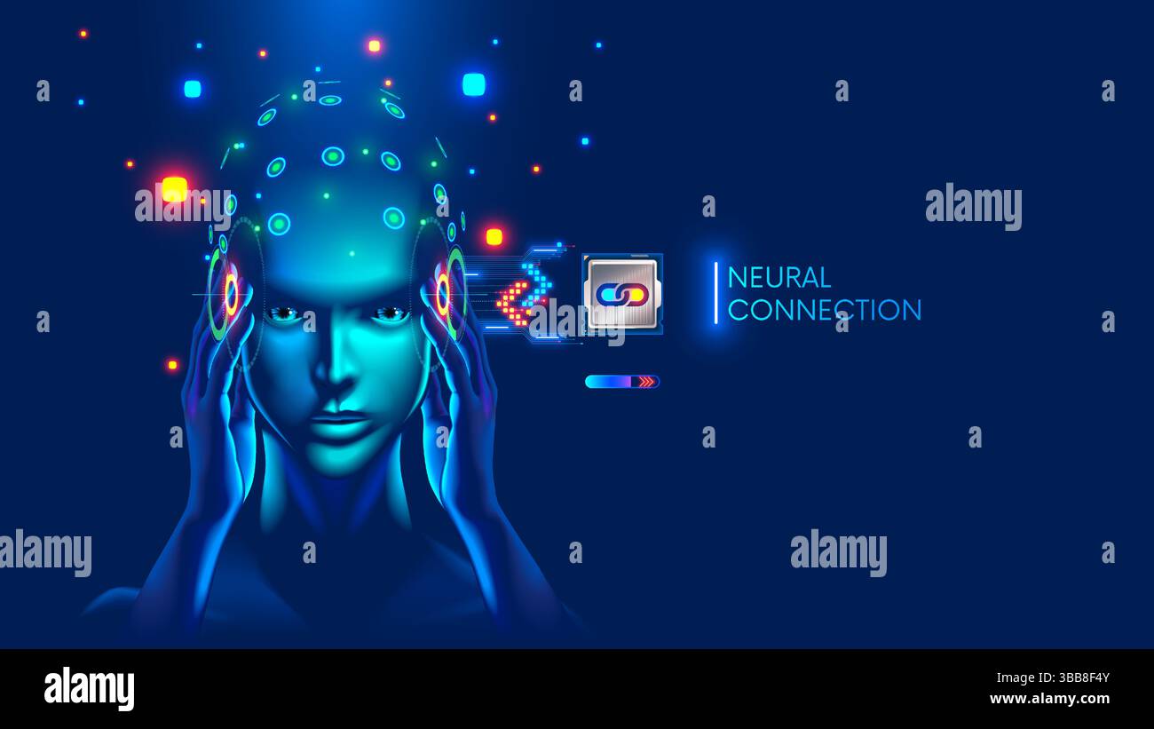 Le patient avec une puce implantée dans le cerveau envoie des signaux cérébraux à la puce électronique. Chip est connecté aux neurones du cerveau humain et reçoit des signaux Illustration de Vecteur
