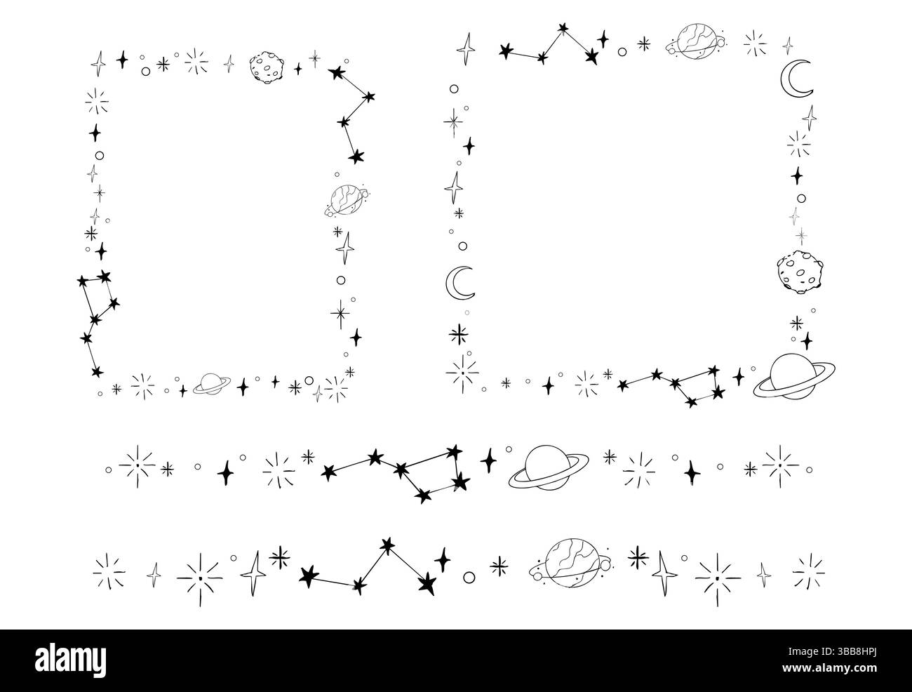Bordure céleste de doodle, diviseur de clignotement d'étoile tombante. Ornement dessiné à la main avec étoiles, planètes, météorite et lune. Décoration simple et magique Space. Illustration vectorielle Illustration de Vecteur