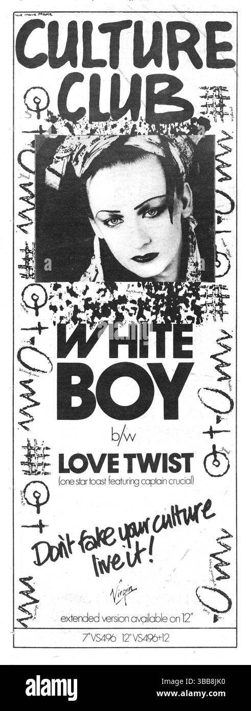 Culture Club, single White Boy (Boy George), vinyle 1982, 12' et 7', publicité de presse de Virgin Records à partir de journaux musicaux. Banque D'Images