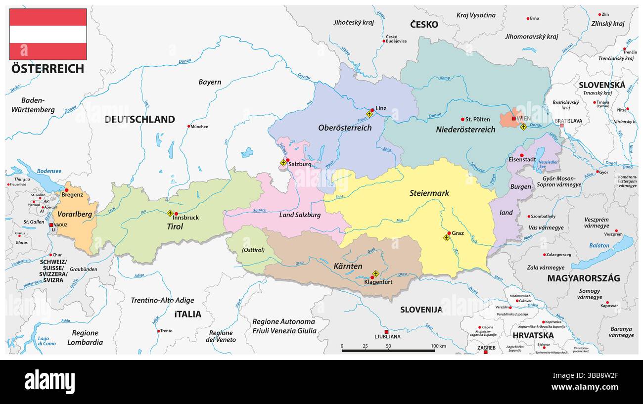Carte vectorielle administrative détaillée de la République d'Autriche Banque D'Images