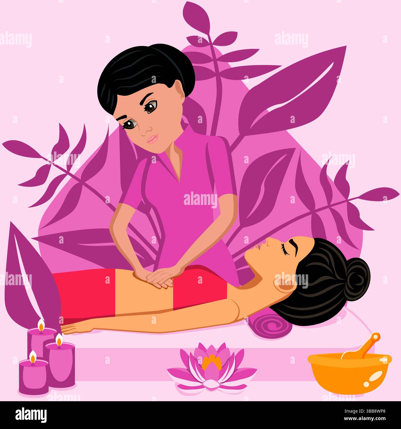 Massage abdominal. Thérapie et traitement par thérapeute professionnel en SPA. Illustration vectorielle plate isolée. Ethnie indienne et orientale. Illustration de Vecteur