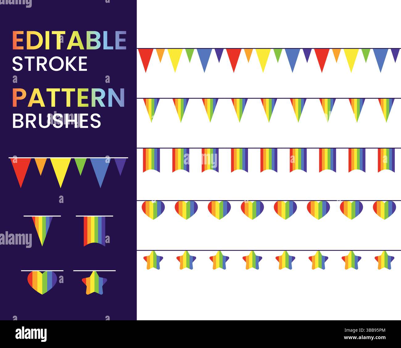 Ensemble de brosses de motif de bannière Rainbow Pride, Pack de brosse de guirlande colorée Stroke modifiable, modèle de conception de vecteur de banderole Heart Star Flag Illustration de Vecteur