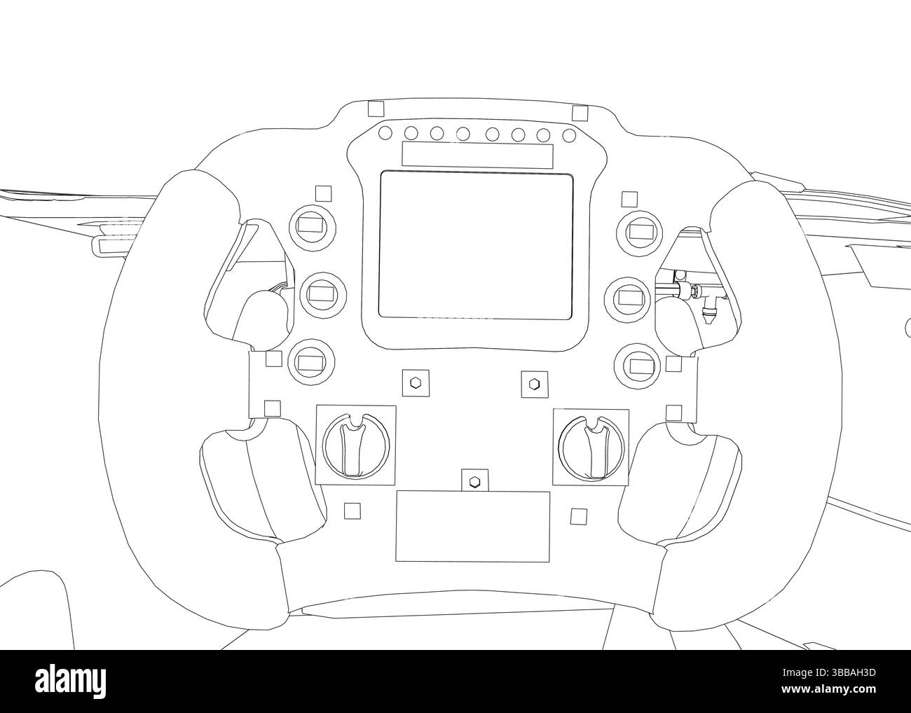 Dessin d'un volant avec un petit écran sur le côté. Le volant est noir et blanc Illustration de Vecteur