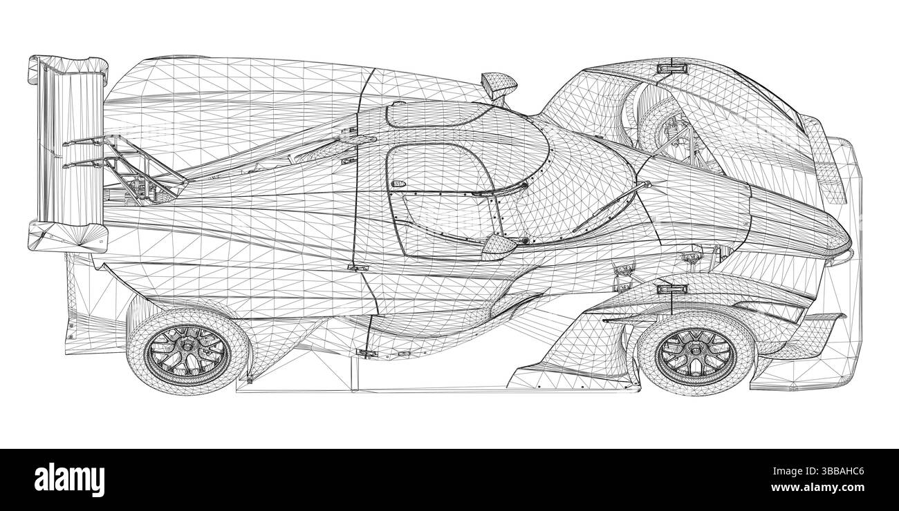 Une voiture est représentée dans un dessin en noir et blanc. La voiture est une voiture de sport avec une longue carrosserie et une grande roue. Le dessin est d'une voiture futuriste avec un sle Illustration de Vecteur