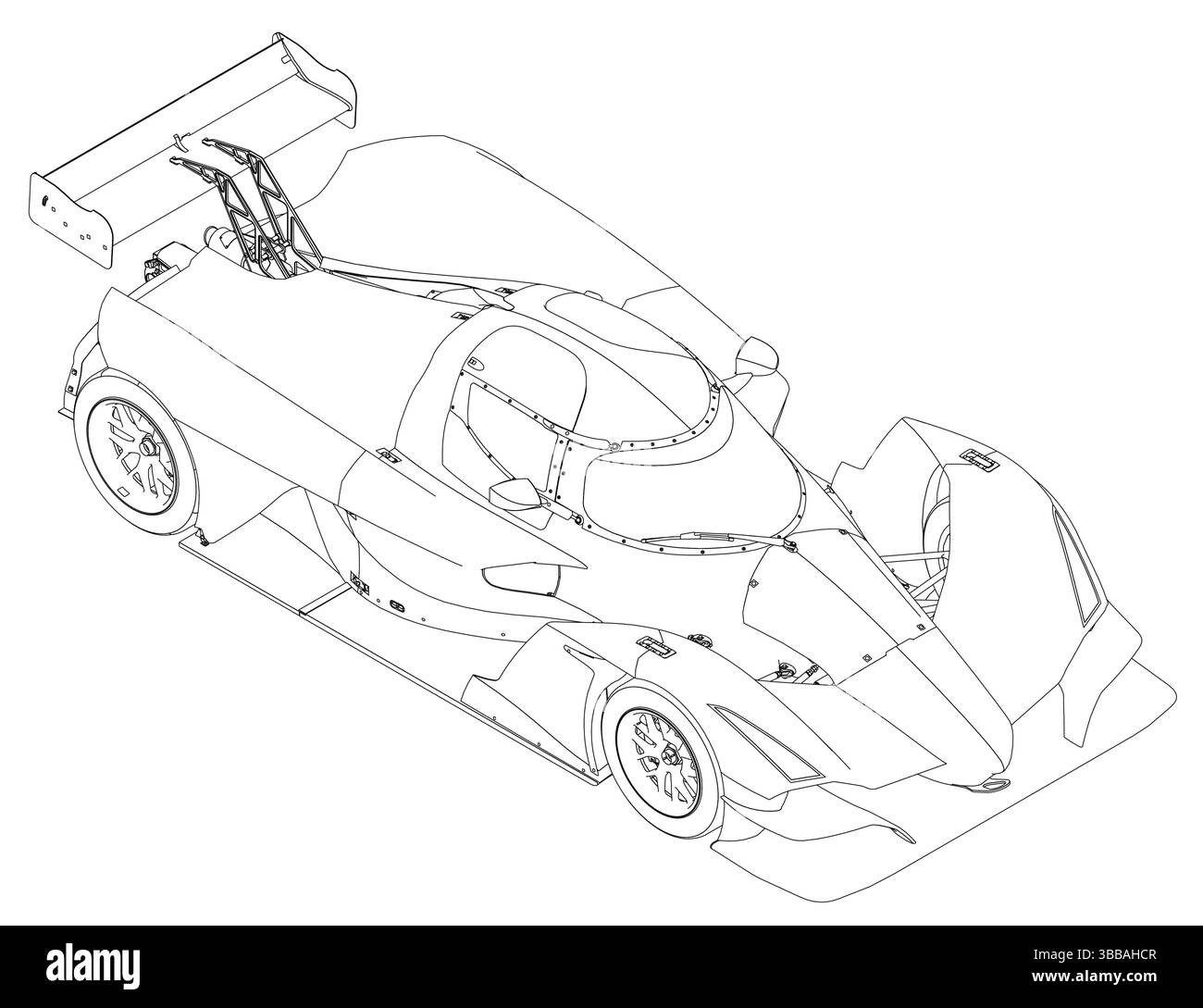 Dessin d'une voiture de course avec une aile à l'arrière. La voiture est représentée en noir et blanc. Vue isométrique. 3D. Illustration de Vecteur