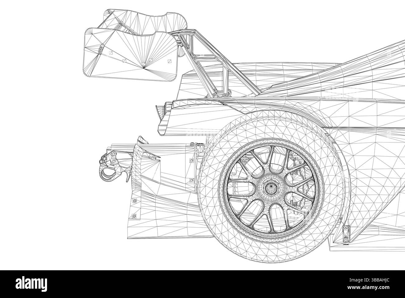 Un dessin de voiture avec beaucoup de détails et un sens de la vitesse. La voiture est une voiture de course et est représentée en noir et blanc. Vue latérale Illustration de Vecteur