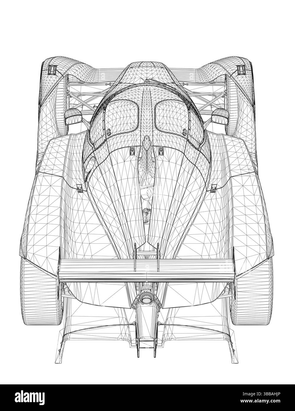 Un dessin de voiture avec beaucoup de détails et un sens de la vitesse. La voiture est une voiture de course et est représentée en noir et blanc. Vue arrière. 3D. Illustration de Vecteur