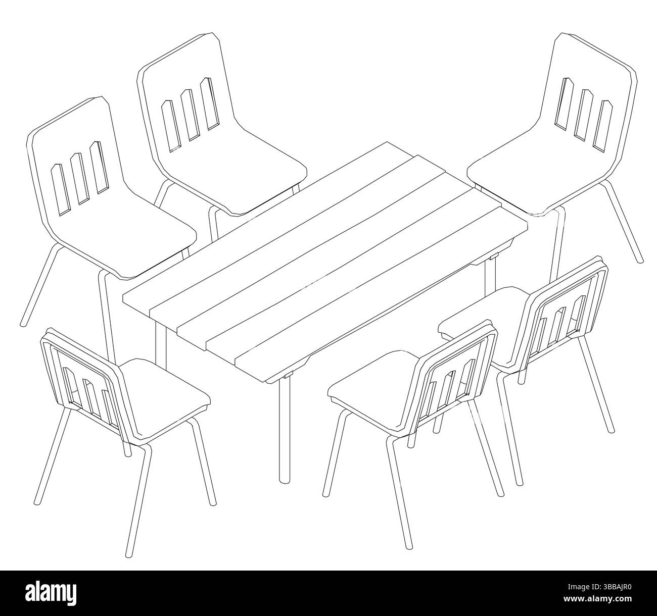 Un dessin d'une table avec six chaises autour. Les chaises sont toutes alignées en ligne, la première chaise à gauche et la dernière à droite. Illustration de Vecteur