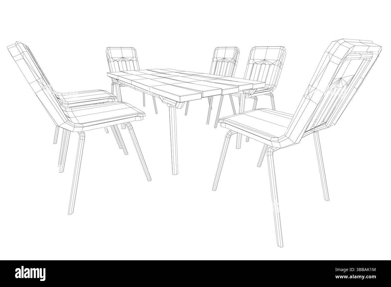 Un dessin noir et blanc d'une table avec des chaises autour. Les chaises sont toutes de différentes tailles et formes, et la table est rectangulaire. La scène est Simp Illustration de Vecteur