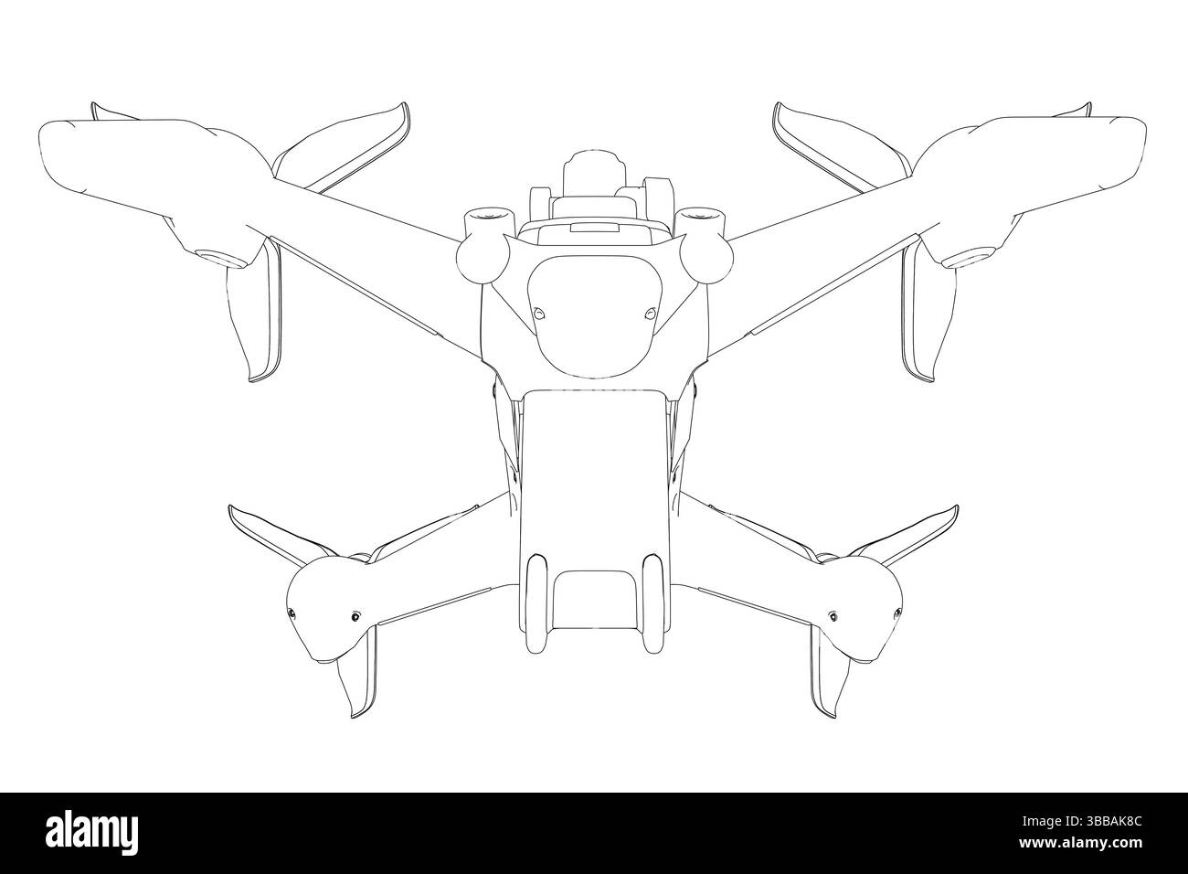 Dessin noir et blanc d'un quadcopter. Le dessin représente un drone avec quatre hélices et une caméra. Le drone est positionné au centre du i. Illustration de Vecteur