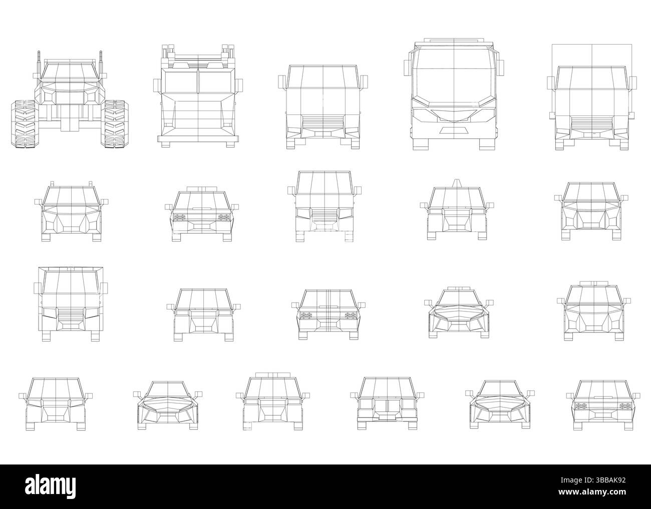 Une série de dessins de voitures sont montrés à différents stades de développement. Les dessins sont tous en noir et blanc et montrent de face. La scène est l'une des Illustration de Vecteur