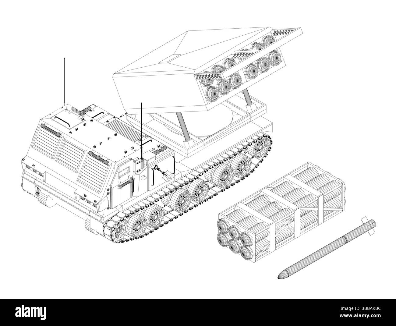 Un dessin d'un char avec un lance-roquettes sur le dessus. Le char est entouré d'une pile de munitions Illustration de Vecteur