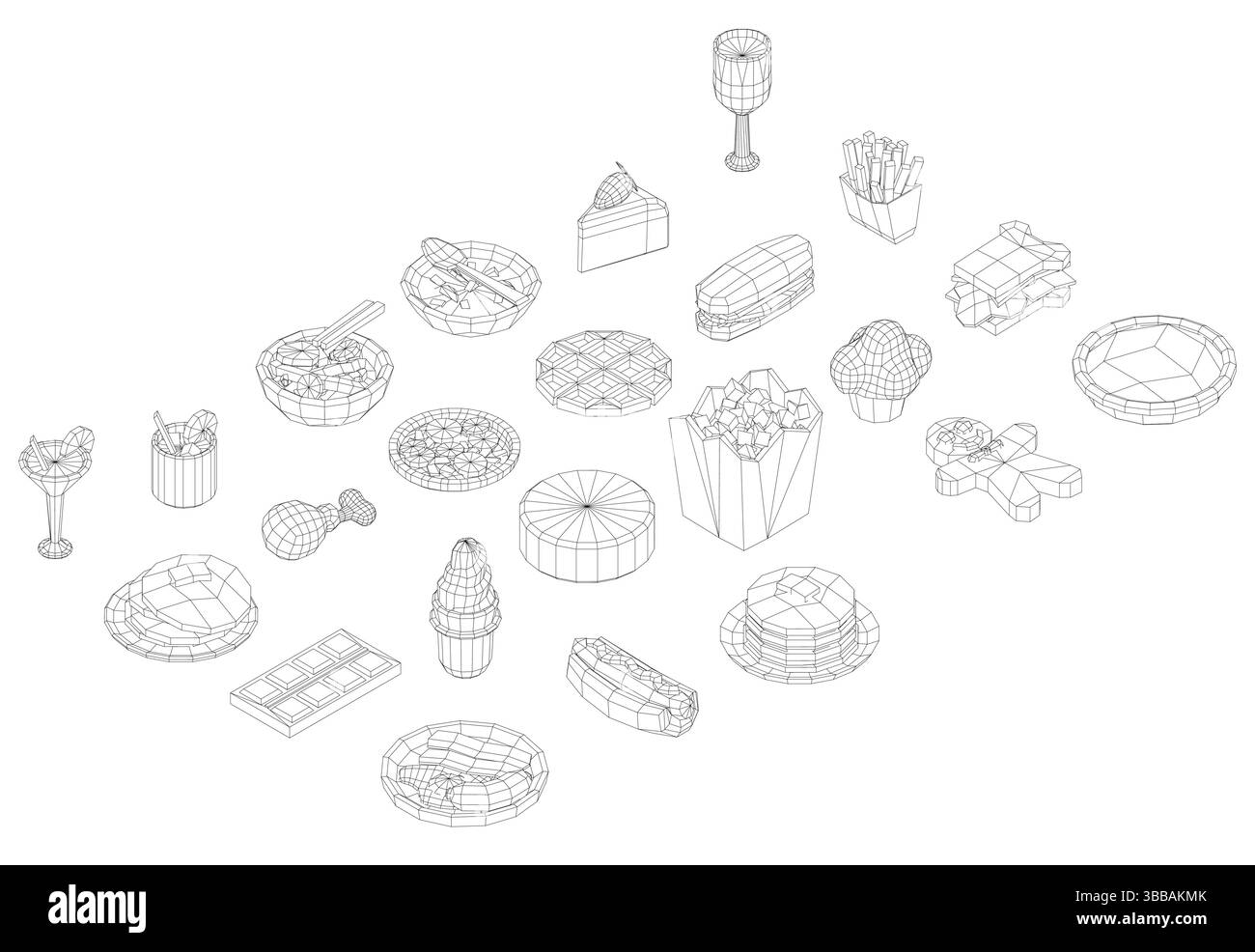 Une table avec de nombreuses assiettes et bols de formes différentes. La table est remplie de divers types de nourriture et de verres. Vue isométrique Illustration de Vecteur