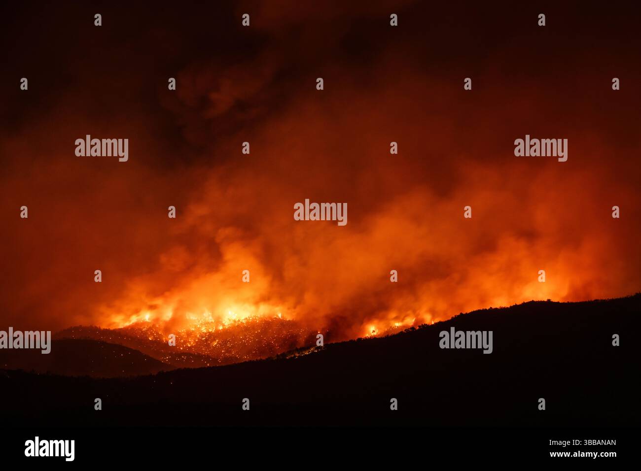 Un feu de forêt massif brûle à travers une colline boisée la nuit, avec des flammes intenses et de la fumée éclairant le ciel sombre dans une catastrophe liée au climat Banque D'Images