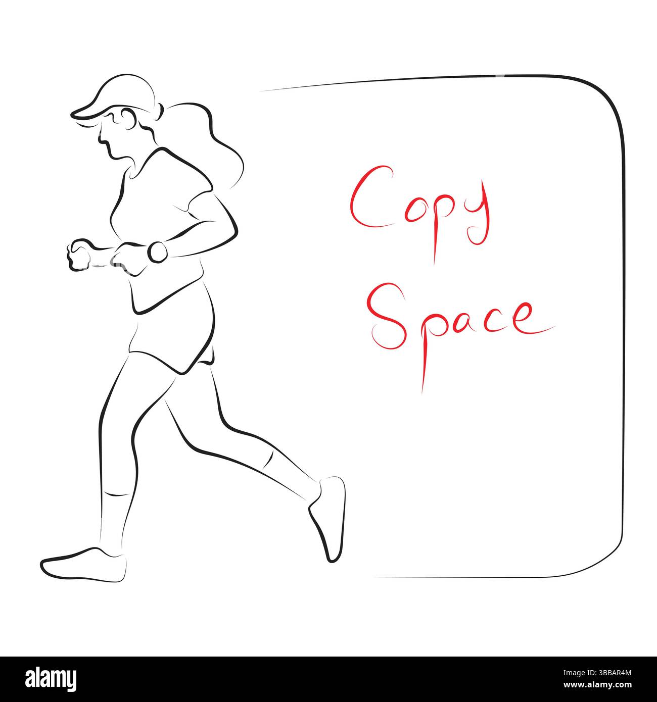 femme en cours d'exécution avec le vecteur d'illustration de vue latérale de chapeau de sport dessiné à la main avec des lignes noires isolées sur fond blanc. Illustration de Vecteur