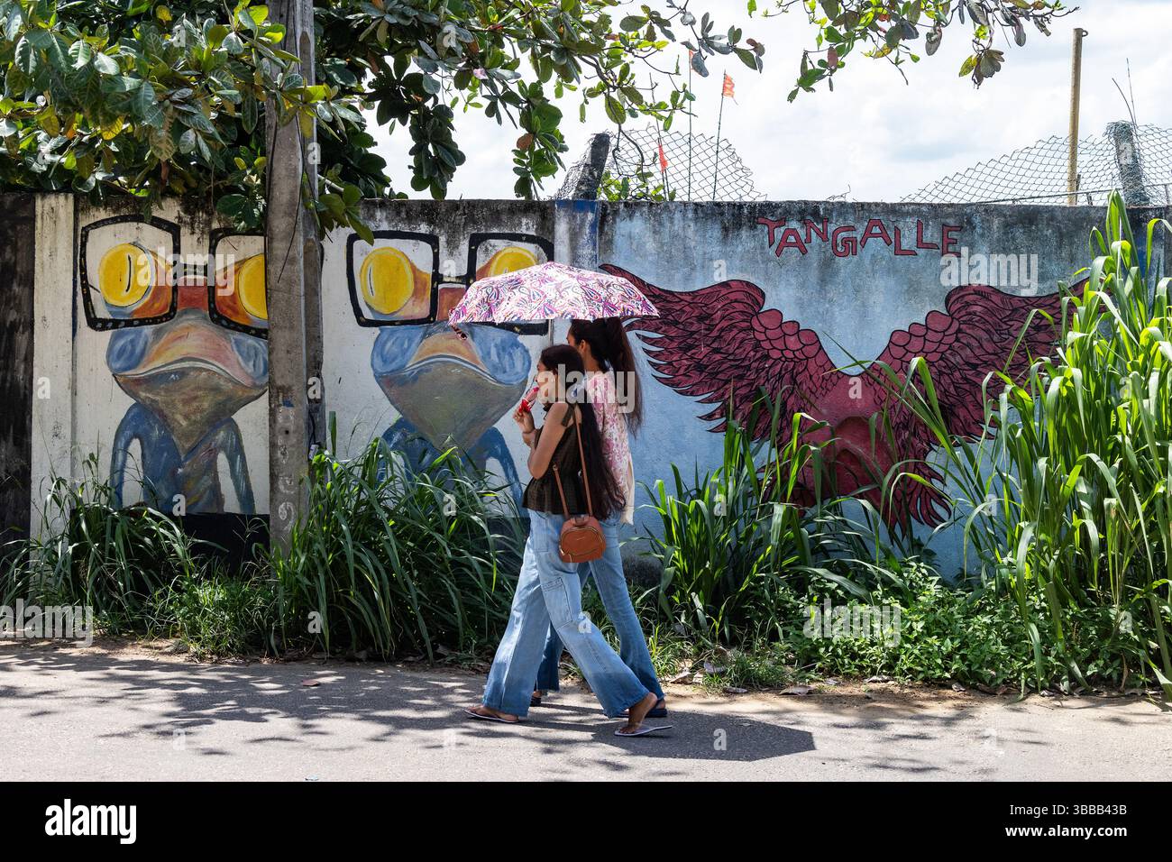 Tangalle, Sri Lanka. 4 août 2024. Deux étudiantes marchent sous un parapluie devant deux d'une série de peintures murales peintes autour du périmètre du port de pêche. Tangalle est une ville de marché animée et un port de pêche sur la côte sud du Sri Lanka. Crédit : Mark Kerrison/Alamy Live News Banque D'Images