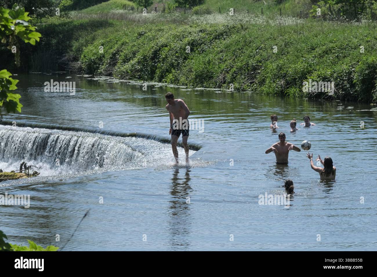 Bath, Royaume-Uni. 15 mai 2025. Journée ensoleillée pour la baignade sauvage au populaire Warleigh Weir près de Bath. Crédit : JMF News/Alamy Live News Banque D'Images