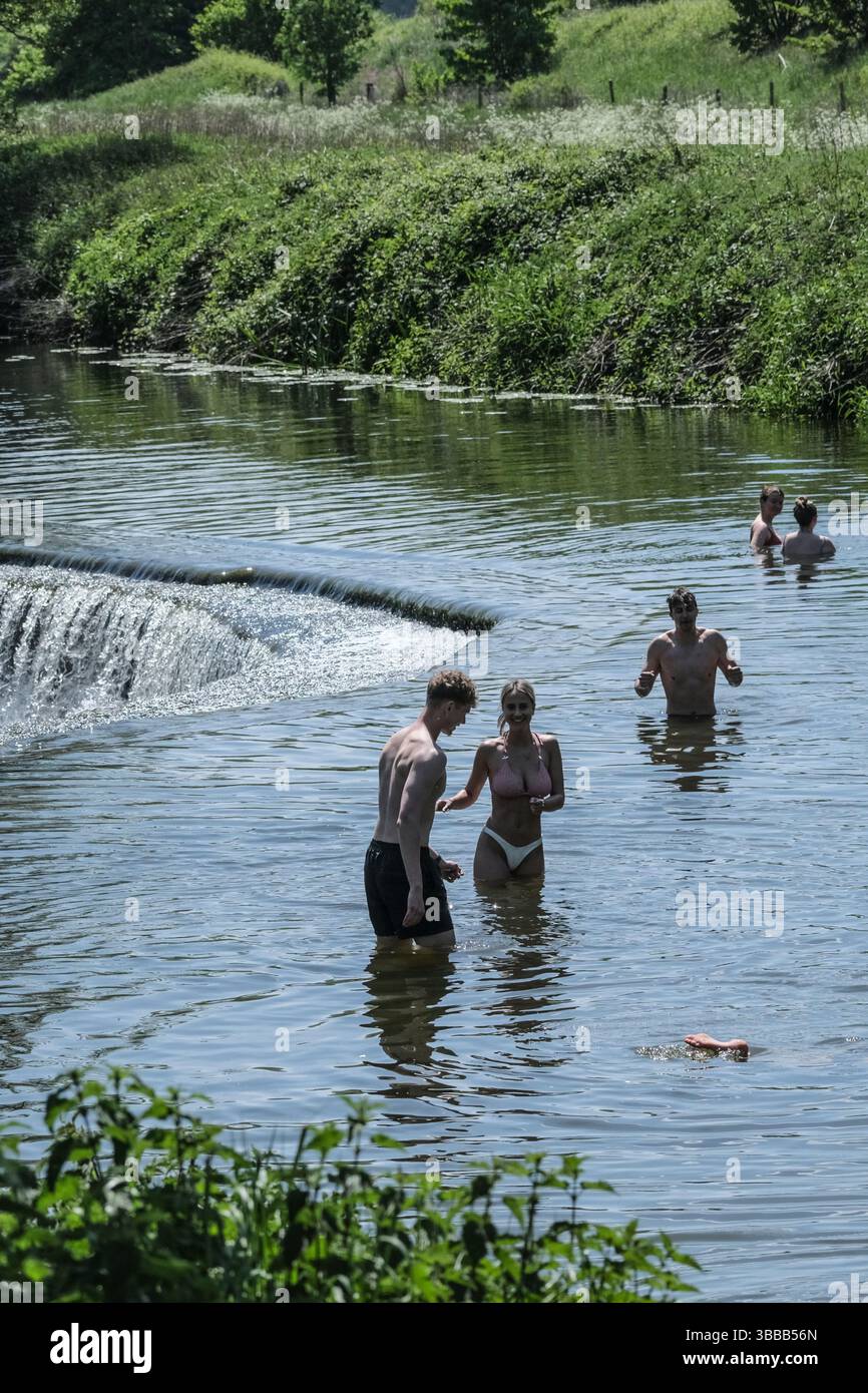 Bath, Royaume-Uni. 15 mai 2025. Journée ensoleillée pour la baignade sauvage au populaire Warleigh Weir près de Bath. Crédit : JMF News/Alamy Live News Banque D'Images